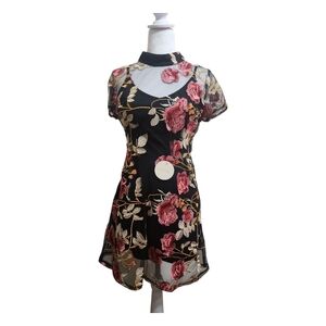 NWT Luxxel Black Mini Dress Pink Floral Embroidery Fairycore Dark Boho Whimsy